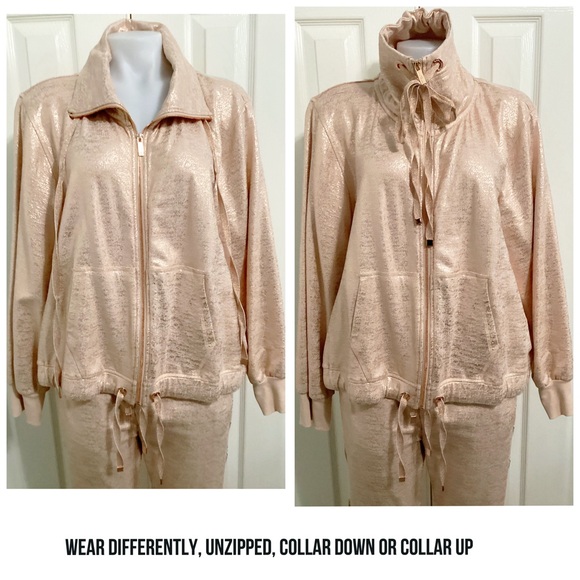 NWOT, KARL LAGERFELD PARIS, Matching Champagne Metallic Jogger Suit Set. - Picture 2 of 10